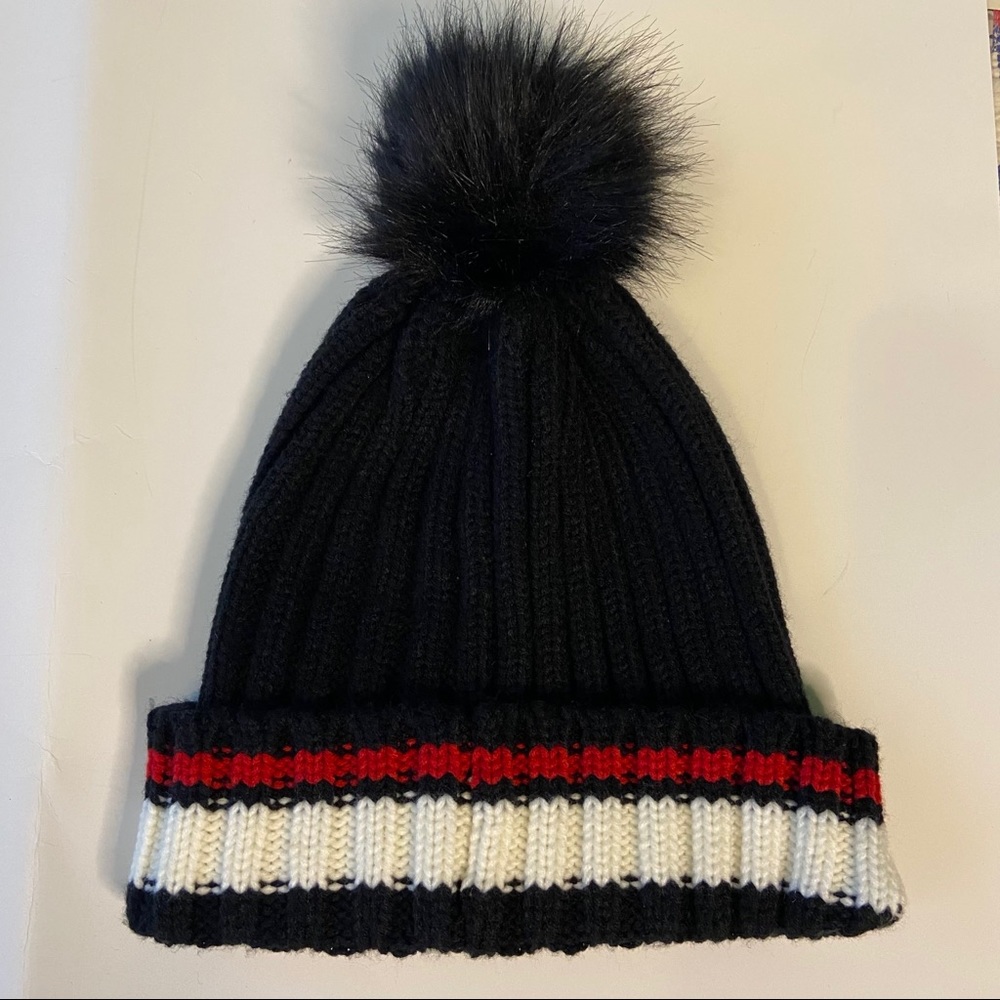 Black beanie hat red/white stripe black pom pom